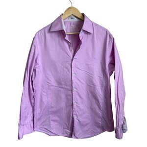 Bugatchi Shaped Fit Pink Dress Shirt Men's L Contrast Cuff Embroidered Lion Logo